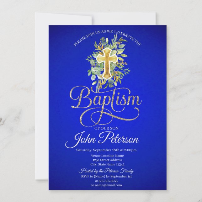 Convites Floral Cross Royal Blue Baptism (Frente)