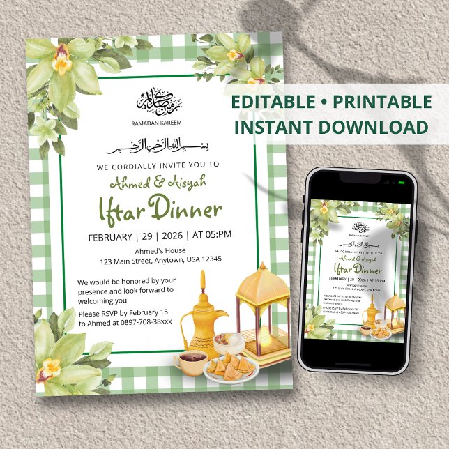 Convites Floral Cute Sage Green Gingham Ramadan Iftar (Criador carregado)