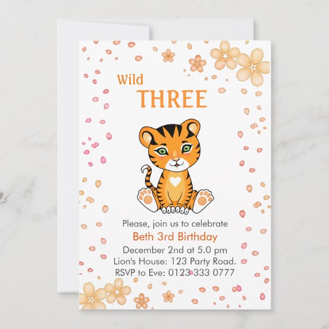 Convites Floral Cute Wild Three Tiger aniversário de 3 anos (Frente)