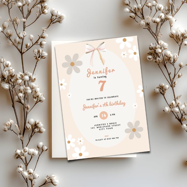 Convites Floral Daisy 7th Birthday Invitation for Girls (Floral Daisy 7th birthday invitation for girls)