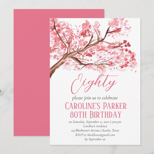 Convites Floral de Aniversário com 80 de Flor Rosa-Rosa (Frente/Verso)
