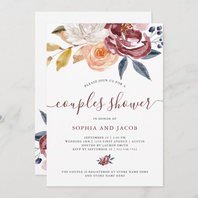 Convites Floral de Aquarela| Chá Casal (Frente/Verso)