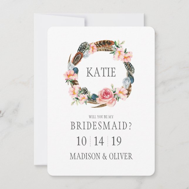 Convites Floral de Aquarela com Penas | Bridesman (Frente)