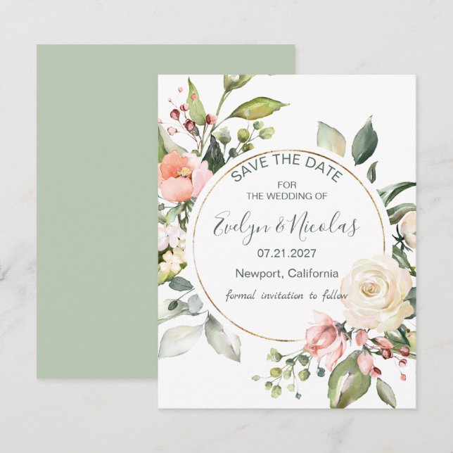 Convites Floral de aquarela, folhagem Salvar Data (Frente/Verso)