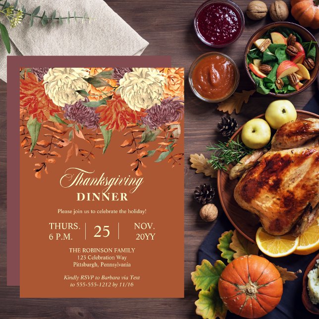 Convites Floral de Aquarela | Janto Eucalyptus de Ação de G (Watercolor Floral Eucalyptus Terracotta Thanksgiving Dinner Invitation with  Dusky Mauve Back)