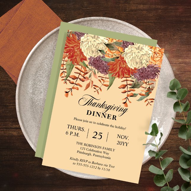 Convites Floral de Aquarela | Janto Eucalyptus de Ação de G (Watercolor Floral Eucalyptus Thanksgiving Dinner Invitation with  Light Sage Green Back)