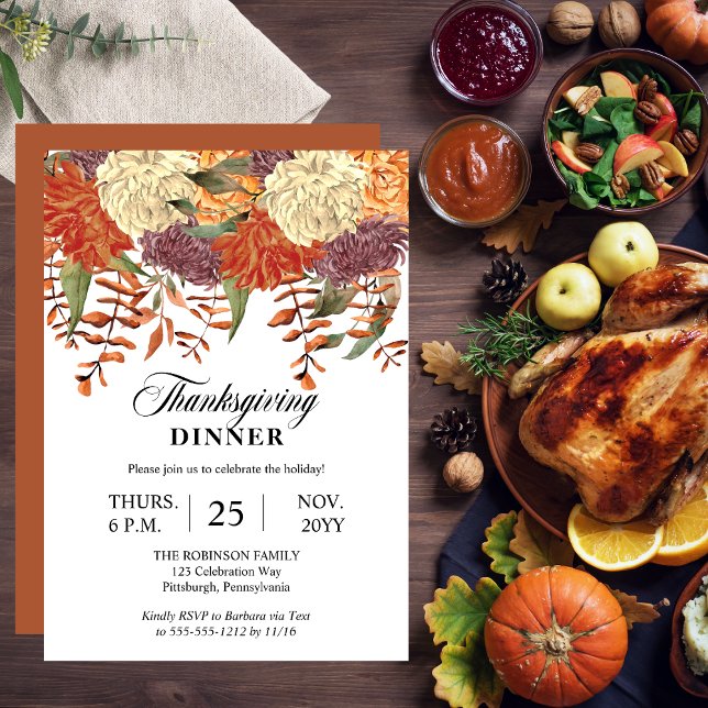 Convites Floral de Aquarela | Janto Eucalyptus de Ação de G (Watercolor Floral Eucalyptus Thanksgiving Dinner Invitation with Terracotta Back)