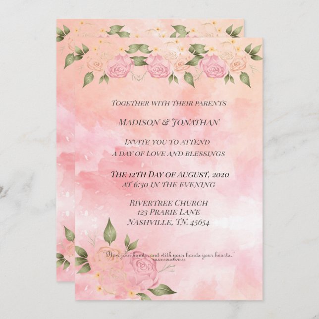 Convites Floral de Aquarela Rosa-Rosa (Frente/Verso)