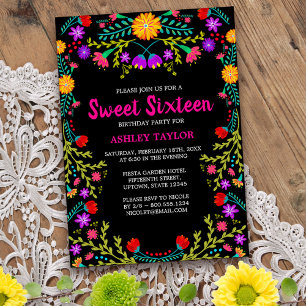 Convites Floral de Arte Folk de 16 Pretos Mexicanos Fiesta