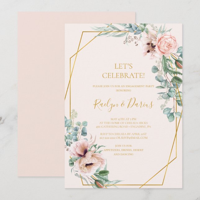 Convites Floral de Blush Elegante | Celebração do Vamos de  (Frente/Verso)