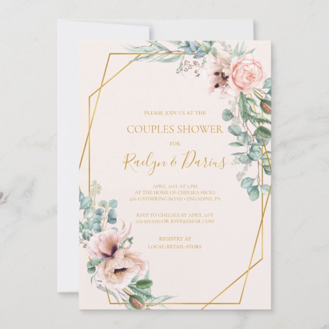 Convites Floral de Blush Elegante | Chá de Casais (Frente)