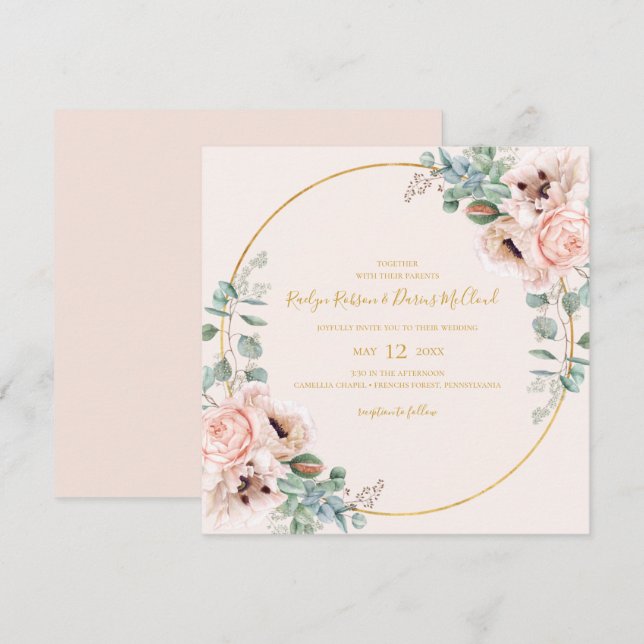 Convites Floral de Blush Elegante | Pastel Square Wedding (Frente/Verso)