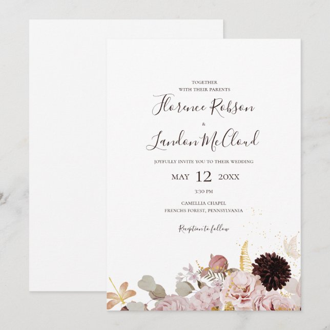 Convites Floral de Blush Moderno | Casamento Casual Simples (Frente/Verso)