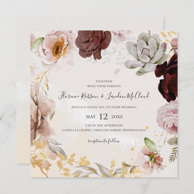 Convites Floral de Blush Moderno | Casamento De Marble Squa (Frente/Verso)