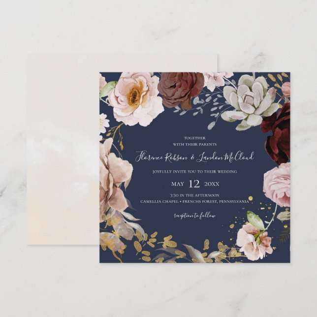 Convites Floral de Blush Moderno | Casamento de Marinho Pra (Frente/Verso)