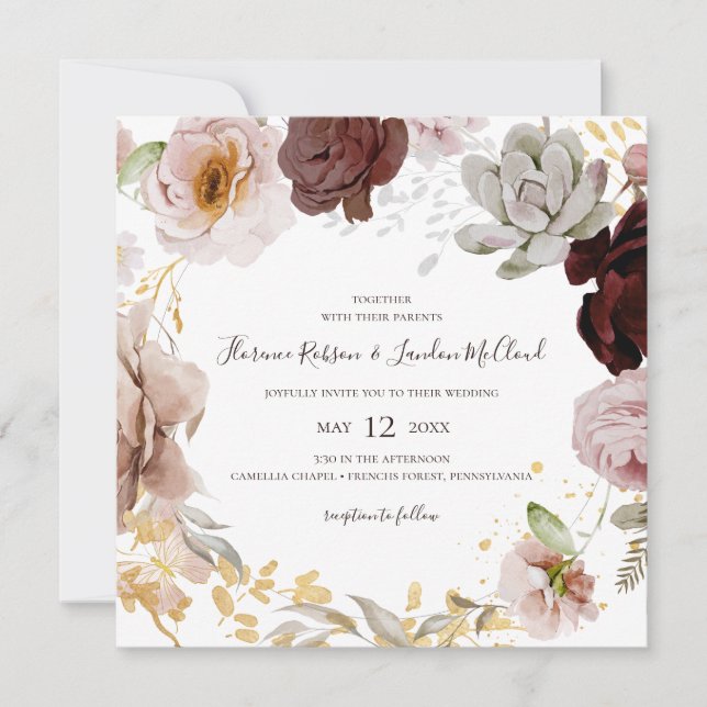 Convites Floral de Blush Moderno | Casamento de Wreath Quad (Frente)