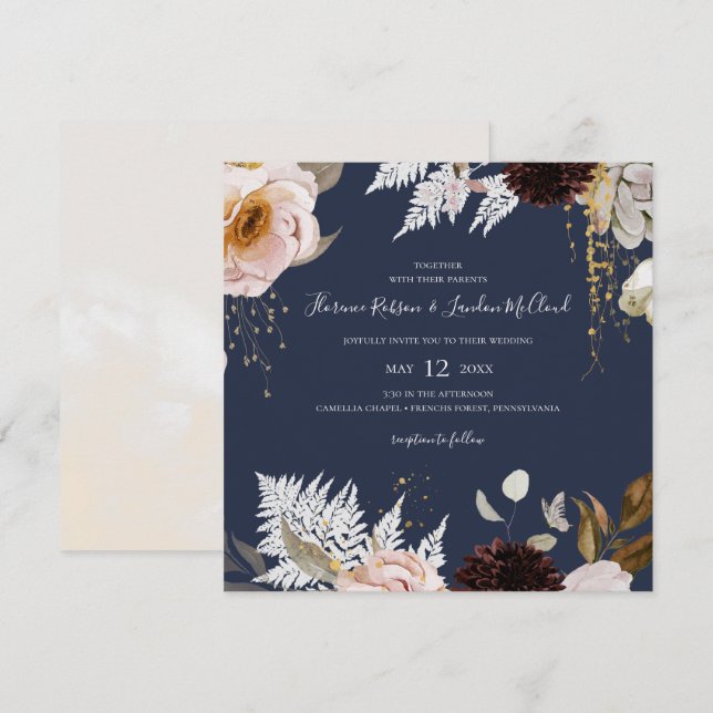 Convites Floral de Blush Moderno | Casamento quadrado Marin (Frente/Verso)