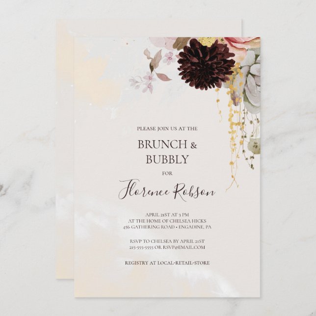 Convites Floral de Blush Moderno | Marble Brunch e Bubble (Frente/Verso)