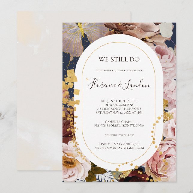 Convites Floral de Blush Moderno | Marinho Ainda Não (Frente/Verso)