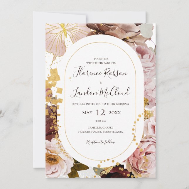 Convites Floral de Blush Moderno | Todos Em Um Casamento (Frente)