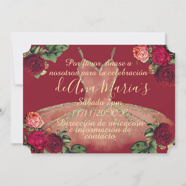 Convites Floral de Borgoña Quinceanera Celebración (Verso)