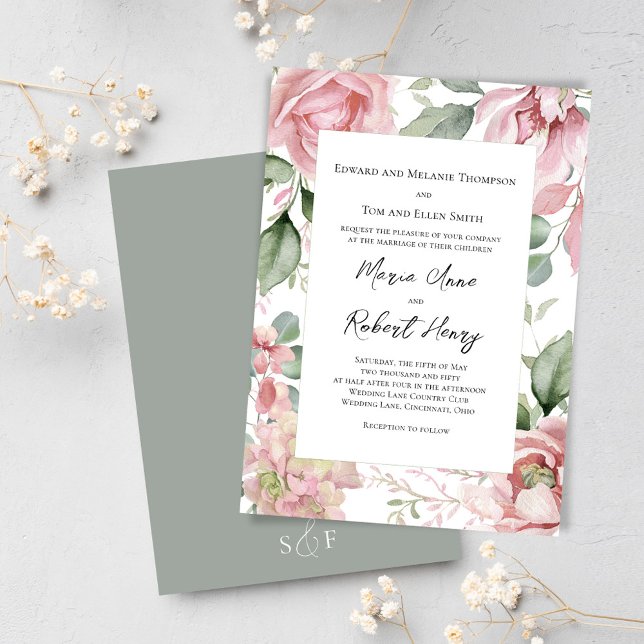Convites Floral de Casamento de Aquarela Cor-de-Rosa-Esbran (Blush pink floral greenery wedding invitations. )