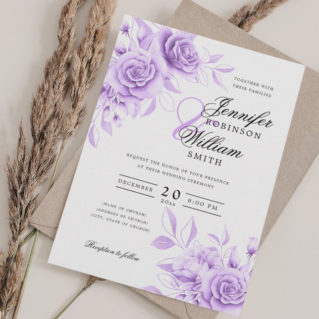Convites Floral De Casamento De Mola Roxa De Elegante (Elegant Script Wedding Purple Watercolor Floral Invitation)
