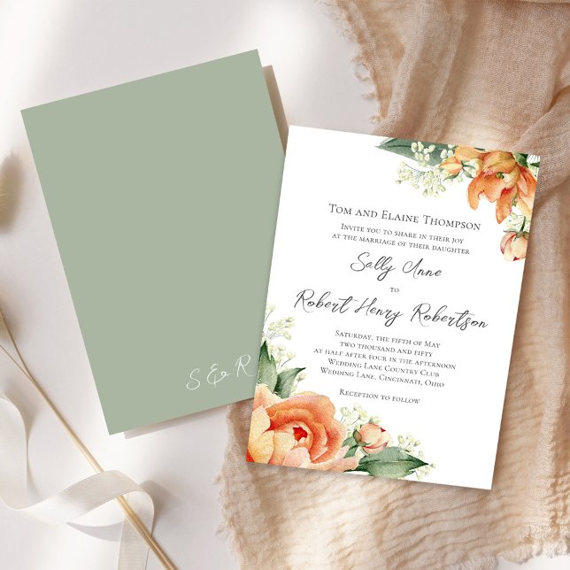 Convites Floral de Casamento de Pessegueira de Aquarela Ele (Peach floral elegant invitation)