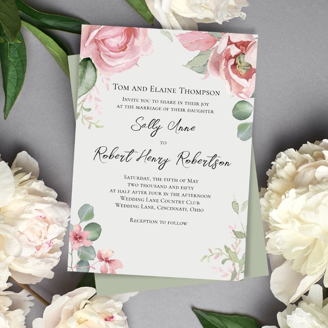 Convites Floral de Casamento Rosa-Rosa com Cobra Aquosa Ele (Blush pink floral wedding invitations. )