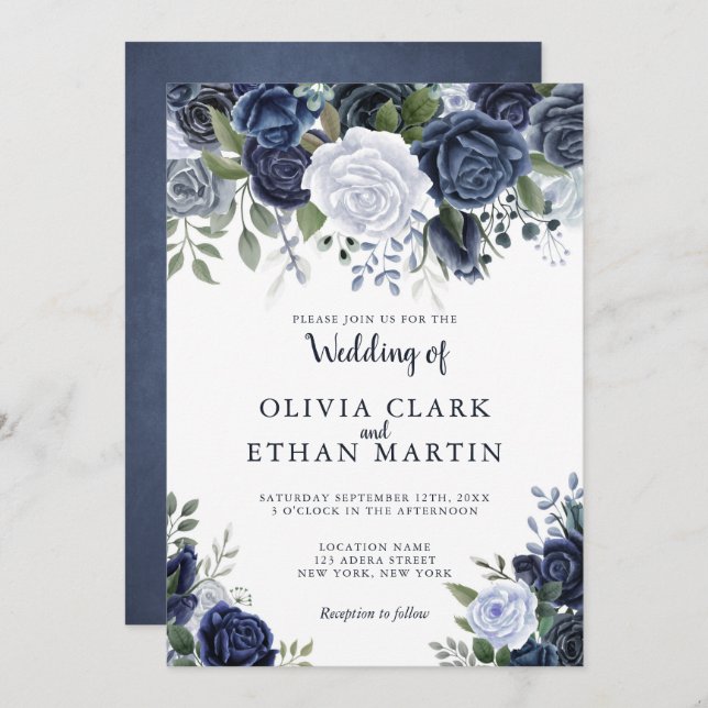 Convites Floral de Cor de Água Azulada (Frente/Verso)