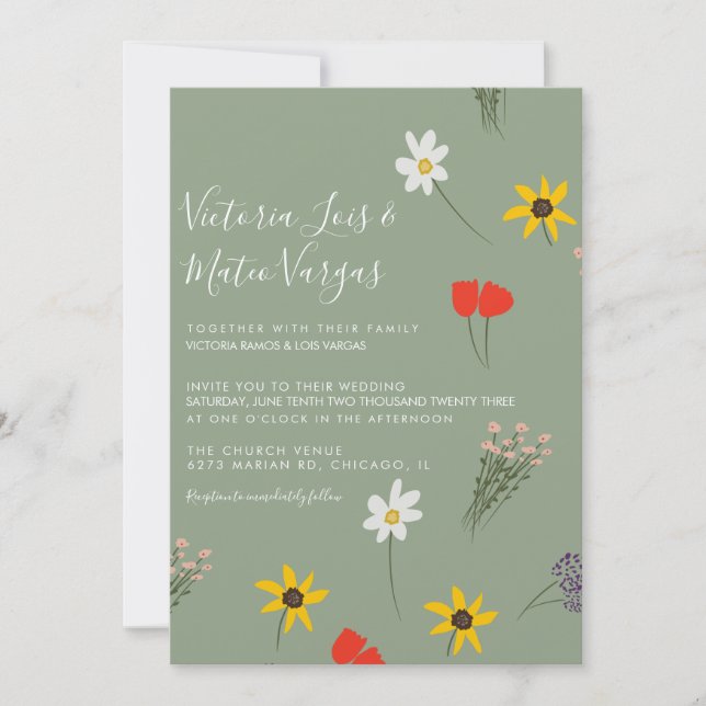 Convites Floral de Flor Silvestre Verde Oliva para Casament (Frente)