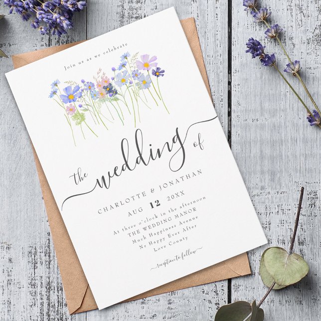 Convites Floral de Flores Silvestres Azul Rosa Casamento (Elegant watercolor wildflower meadow blue floral wedding invitation)