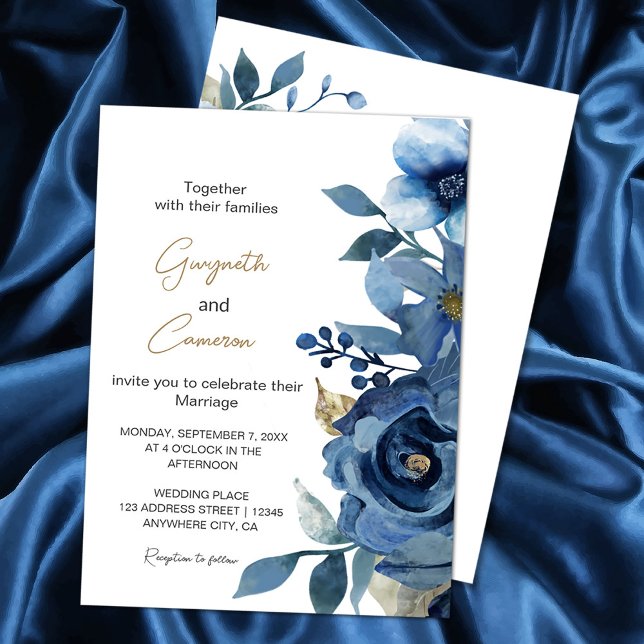 Convites Floral de Inverno Azul Gelo Elegante (Elegant Ice Blue Winter Floral Invitation #navyblue #elegantnavybluegold #blueandgold #zazzlemade)