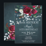 Convites Floral de inverno elegante burgundy sweet sixteen<br><div class="desc">Modelo de convite elegante e sofisticado para festa de 16 anos de inverno em um quadro negro azul-marinho escuro, apresentando um lindo buquê de peônias burgundy escuras e brancas com folhagem verde caçador, cordões de luzes cintilantes brancas e uma tipografia elegante. Fácil de personalizar com seus detalhes! O convite é...</div>