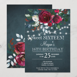 Convites Floral de inverno elegante burgundy sweet sixteen
