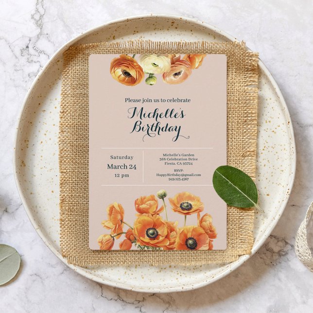 Convites Floral de Jardim Rosa Laranja Qualquer Festa de an (Criador carregado)