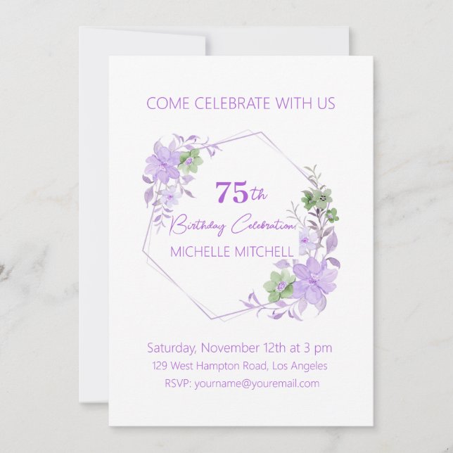 Convites Floral de Lavanda de aniversário 75º e personaliza (Frente)