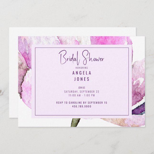 Convites Floral de lavanda e Cores d'Água Rosa (Frente/Verso)