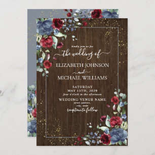 Convites Floral de Madeira Azul Borgonha Azul Rústica