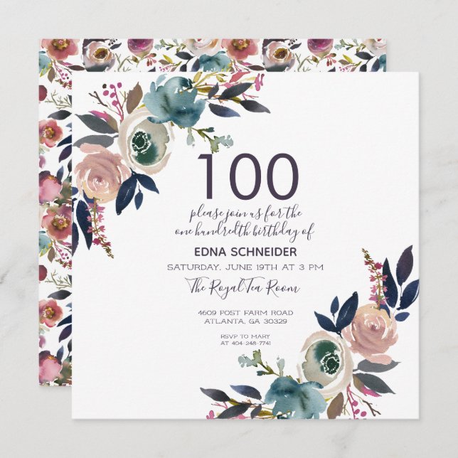 Convites Floral de marinho e Blush | 100º aniversário (Frente/Verso)