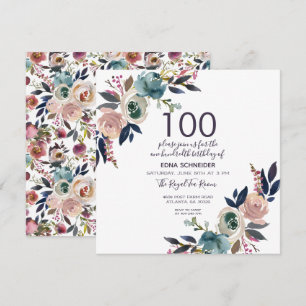 Convites Floral de marinho e Blush   100º aniversário