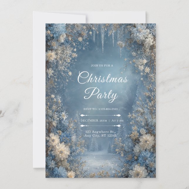Convites Floral de Neve em Azul Gélido para Casamento de In (Frente)