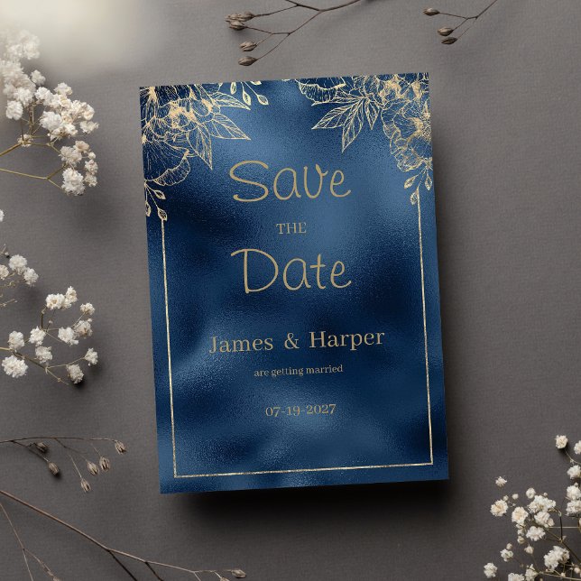 Convites Floral de ouro com gradiente azul metálico Guarde  (Metallic blue gradient gold floral Save the Date)