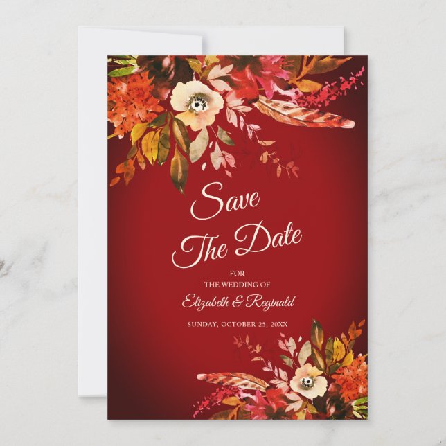 Convites Floral De Outono Vermelho Dramático Salvar A Data (Frente)