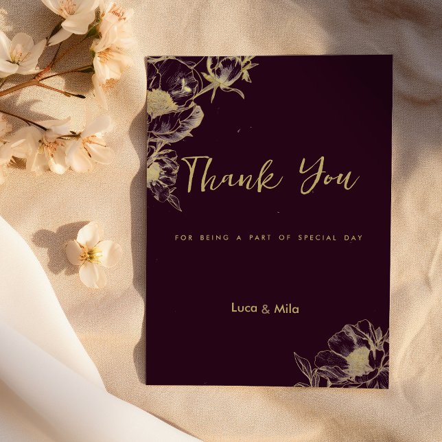 Convites Floral de pedras de ouro escuro e burgundy Obrigad (Dark burgundy gold peony floral Thank You)