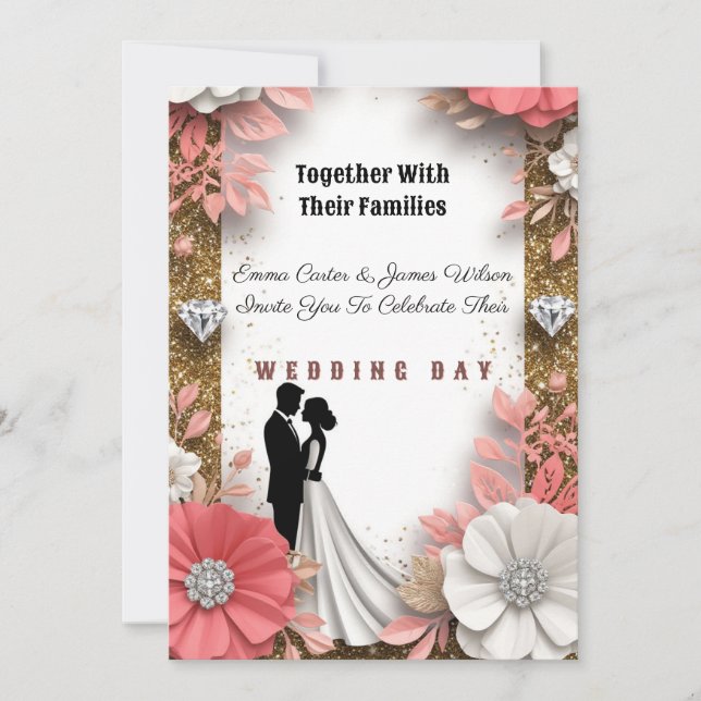 Convites 💍 Floral de Pêssego Dourado Casamento Sobre o Fun (Frente)