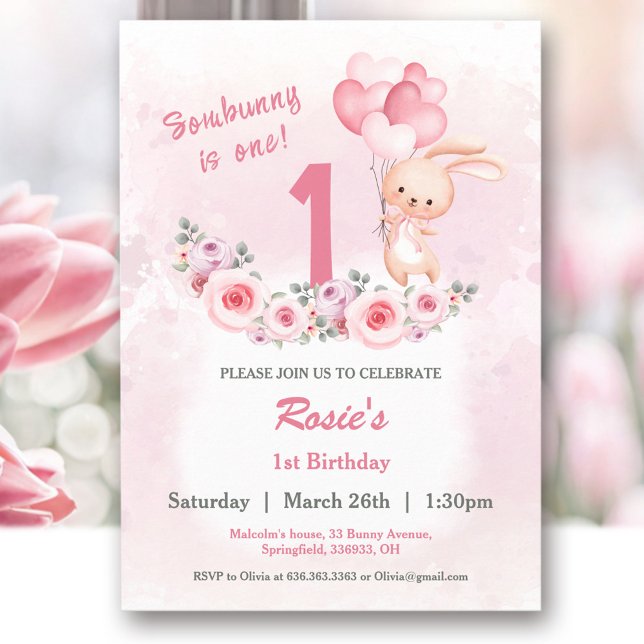 Convites Floral de primeiro aniversario Rosa Bonito (Cute Bunny Pink 1st Birthday Girl Floral Invitation)