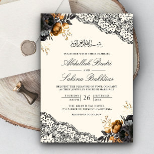 Convites Floral de Renda Creme Ouro Preto Casamento Muçulma