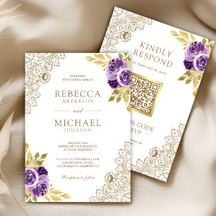 Convites Floral de Renda Roxo Empoeirado Código QR Branco C