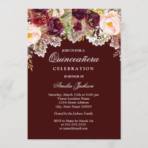 Convites Floral de Renda Rústica Burgundy Quinceanera